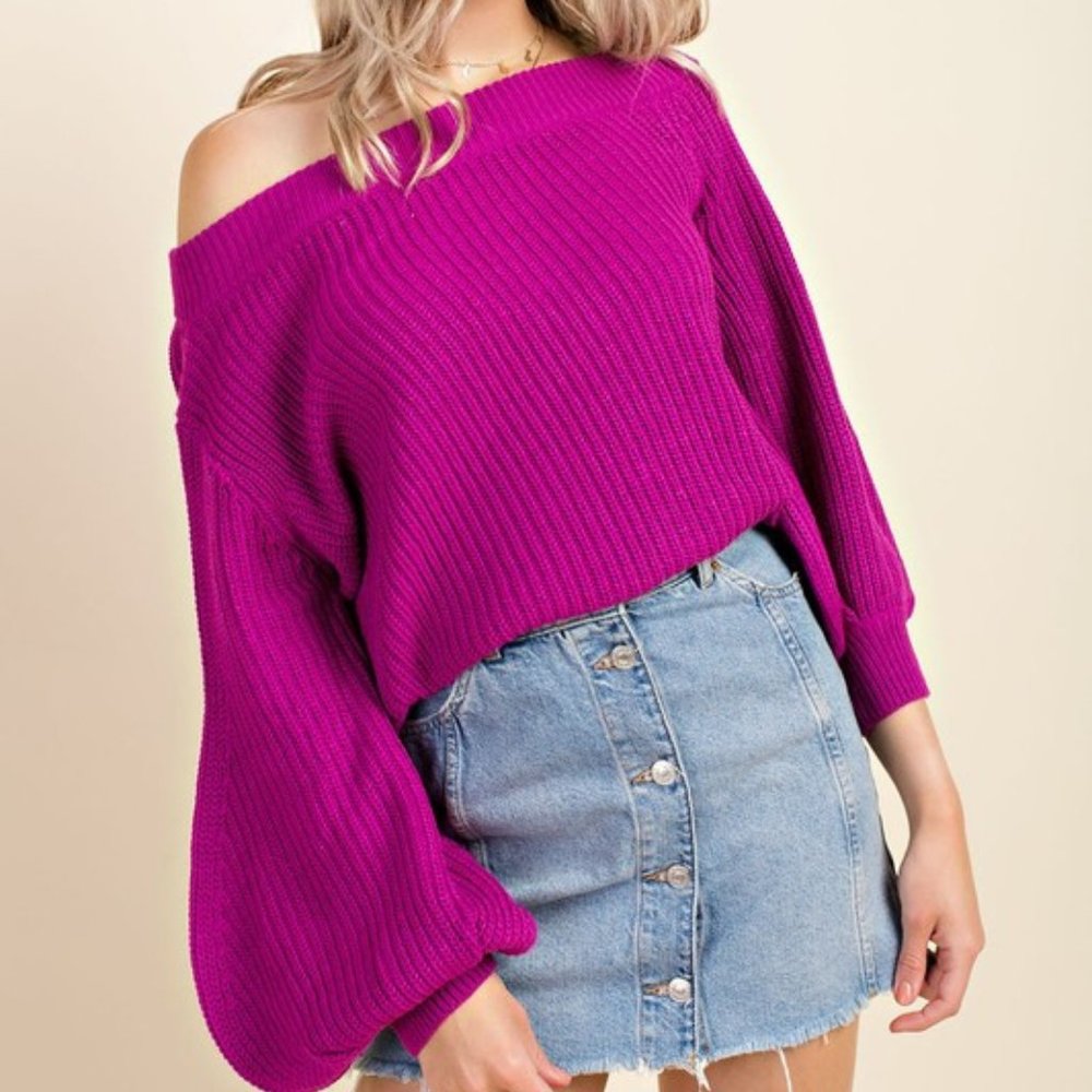 Bubble Sleeve Off Shoulder Sweater.
